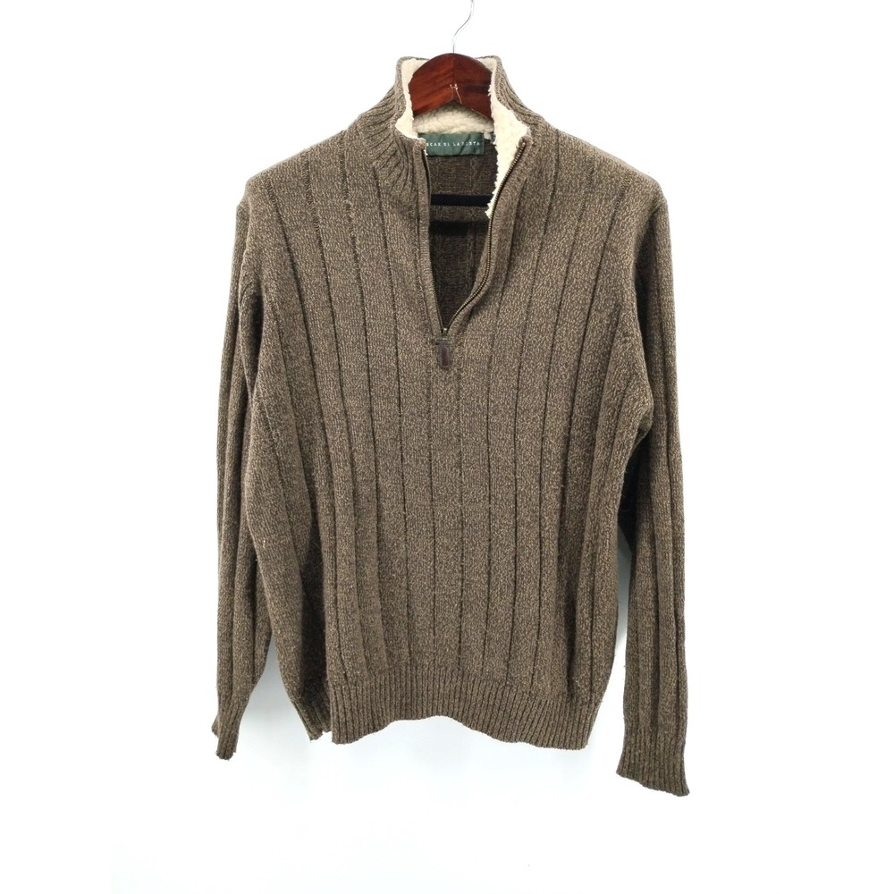 Oscar De La Renta 1/4 zip Men's‎ Brown Sweater Sz L Brown Sherpa Collar